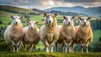 Fototapeta premium Sheep standing together in a greenery and hills, showcasing their woolly coats and curious expressions in a peaceful rural environment.