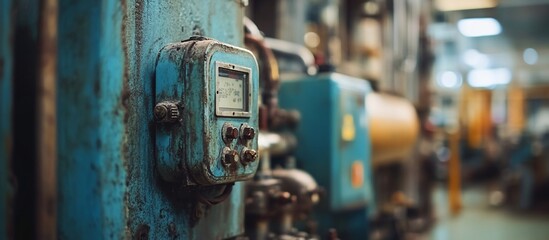 Close-up of a vintage industrial machine gauge in a workshop with machinery in the background