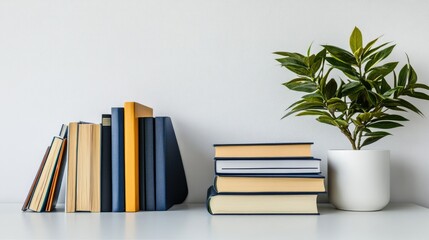 A minimalist desk with organized books, pens, and a tidy filing system, leaving space for office organization-related branding.