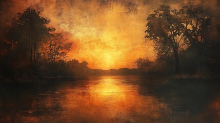 Obraz premium Golden sunset calmly reflects on still water trees silhouetted against vibrant sky. AI Generated
