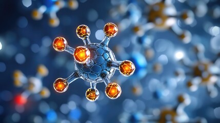 Close-up of nanotechnology with glowing molecular structures and interconnected particles, leaving room in the center for creative text or branding.