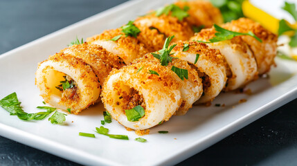 Golden-baked calamari rolls filled with herbs and breadcrumbs, topped with fresh parsley, creating a mouthwatering culinary scene