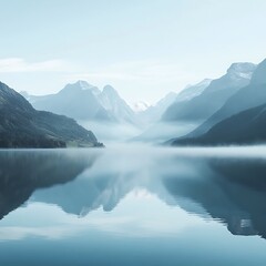 foggy lake with towering peaks and woods image