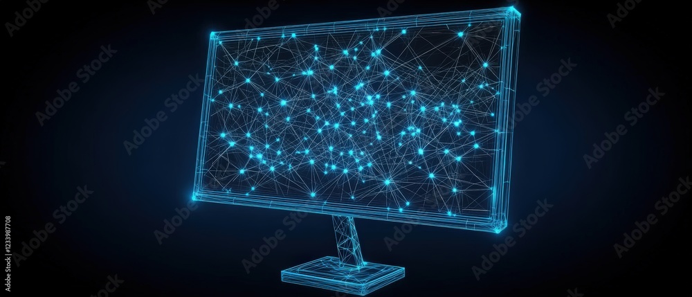 Poster computer screen displaying glowing lines and dots on a dark background for technology concept