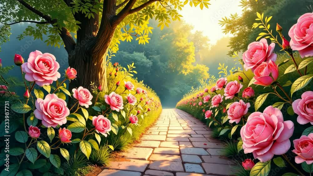 Poster A path with a tree and pink flowers. The flowers are in the foreground and the tree is in the background