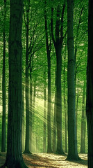 Obraz premium Sunlight filtering through lush green canopy of trees, creating magical interplay of light and shadow. Evoking serene and tranquil atmosphere, ideal for nature and outdoor-themed visuals