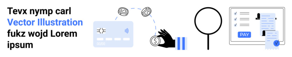Card payment icons, hand tapping card, transaction cycle, magnifying glass, document with payment button. Ideal for finance, technology, e-commerce, security data management payment systems