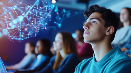 In a modern lecture hall, a group of students sit in focused attention, as animated scientific graphs, data visualizations, and equations hover in the air above them. These digital