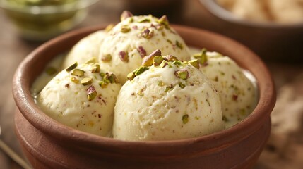 Creamy Indian kulfi dessert flavored cardamom and pistachios served in a clay pot