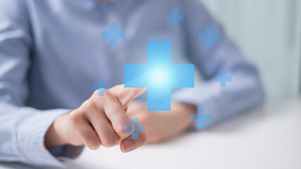 Professional healthcare medical worker holding health with shield icon health insurance concept