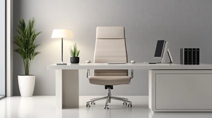 A modern office with a comfortable chair, desk lamp, and a neatly organized desk, leaving plenty of room for professional content.