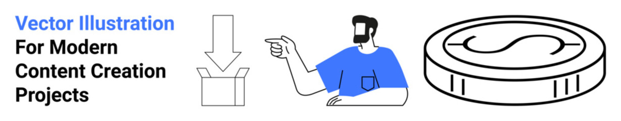 Man pointing to a download icon next to a coin symbolizing content creation, digital resources, and earnings. Ideal for education, banking, e-commerce, finance, tutorials, marketing flat landing