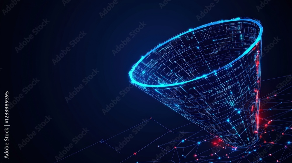 Poster blue and red abstract background with large triangular shaped object in center of image