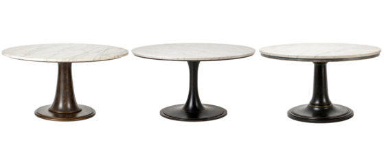 Three round marble top pedestal tables isolated with transparent background