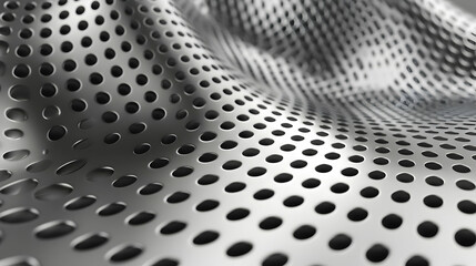 Abstract metallic surface with perforations creating a textured visual effect.