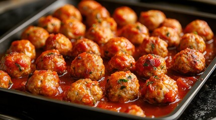 Tray filled with cooked meatballs served on a wooden table for a delicious meal or appetizer