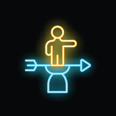 Neon sign of a businessman standing on an arrow pointing up, symbolizing business success