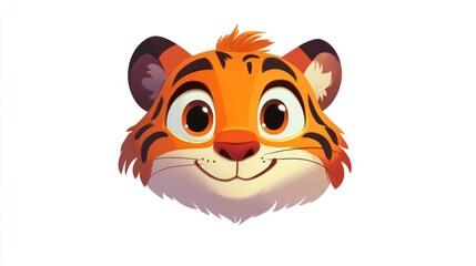 Cute tiger cub head, smiling, white background, children's book illustration