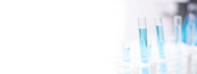Close-up Laboratory test tube with blue liquid for chemistry chemical medicine medical research copy space banner