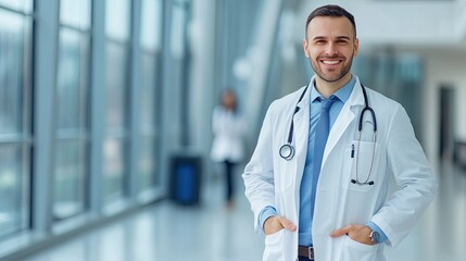 A smiling doctor in a modern clinic, standing with hands in pockets, medical care concept, copy space.