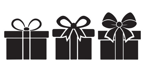 Three black gift boxes with different ribbon styles, perfect for holiday celebrations, birthdays, and special occasions