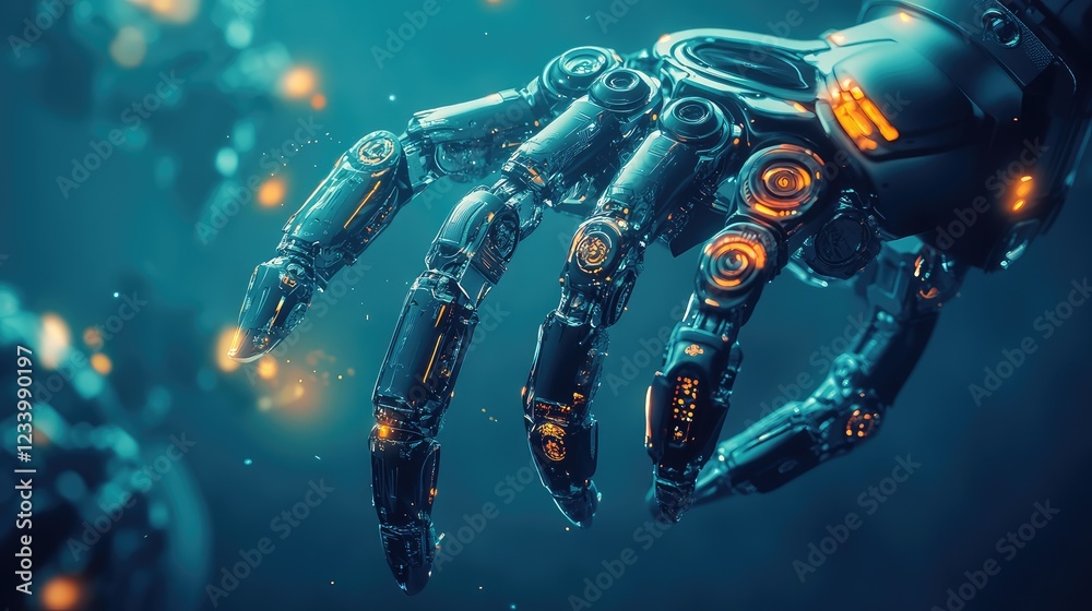 Poster digital robotics design with floating gears, interconnected robotic arms, and glowing ai-powered ele