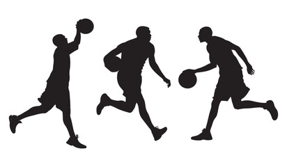 Silhouettes of basketball players, dribbling and shooting, ideal for sports and fitness illustrations