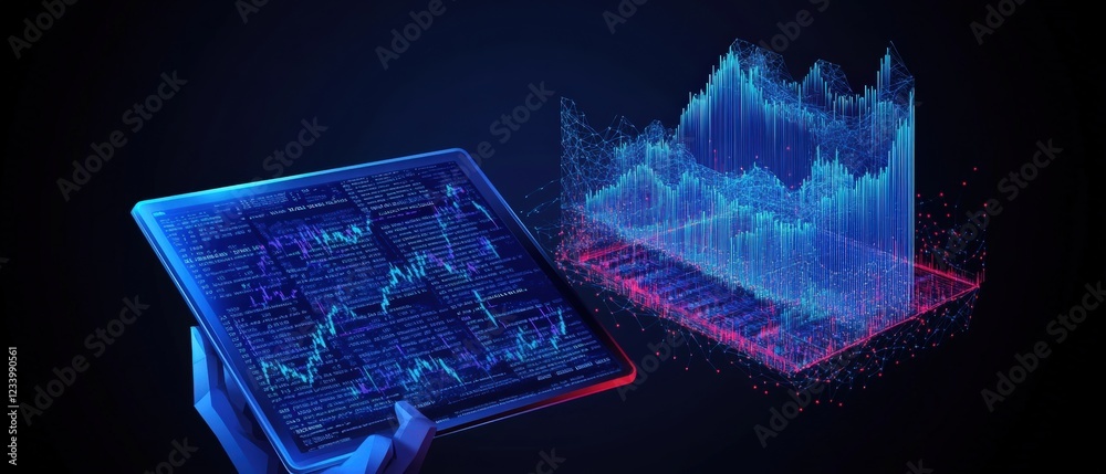 Poster tablet displaying a graph with a hand holding it in a modern workspace setting