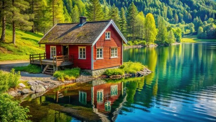 Fototapeta premium Traditional Norwegian cottage with brightly colored wooden exterior, surrounded by lush greenery and a tranquil lake in the background, lakeside, rustic