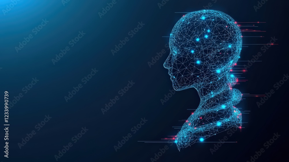 Poster mans head with a network of dots representing neural connections and digital communication concepts