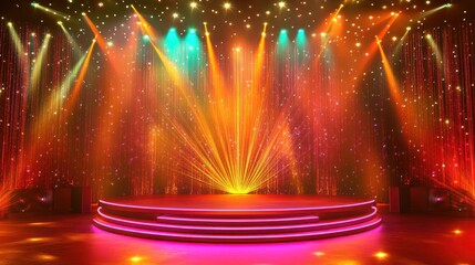 A vibrant concert hall scene with a golden-red stage base illuminated by bright spotlight rays. The shimmering background enhances the glamorous atmosphere, perfect for a music award event.