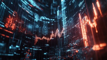 Obraz premium A transparent stock trading AI interface with futuristic data visualization, digital investment theme, copy space.