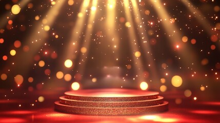Fototapeta na wymiar A vibrant concert hall scene with a golden-red stage base illuminated by bright spotlight rays. The shimmering background enhances the glamorous atmosphere, perfect for a music award event.