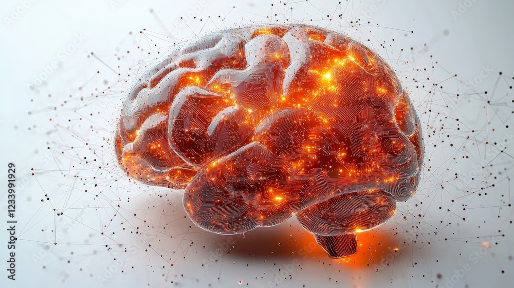 Poster brain illustration with multiple dots surrounding it representing neural connections and activity