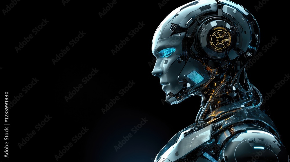 Poster futuristic robotics technology with digital gears, glowing data flows, and cybernetic components, cr