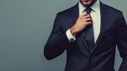 Corporate executive in a suit, adjusting his tie, standing against a plain background with copy space.