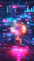 A glowing light bulb sits amidst vibrant data visuals, symbolizing innovation and the fusion of technology and ideas.