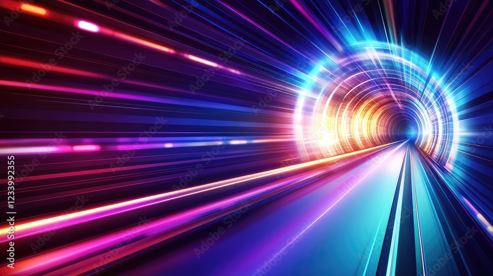Fototapete Glowing cybernetic tunnel with neon lights, pulsating energy, and a surreal sci-fi background forming a smooth copy space.