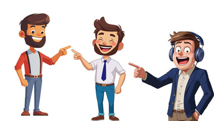 Fototapeta premium png Joyful Cartoon Characters: Three cheerful cartoon men, each with unique attire and expressions, point playfully at each other, radiating fun and camaraderie.