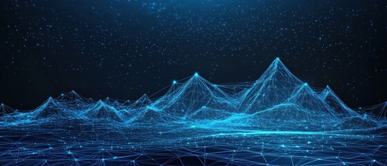 Abstract mountain landscape featuring network lines and stars against a night sky background