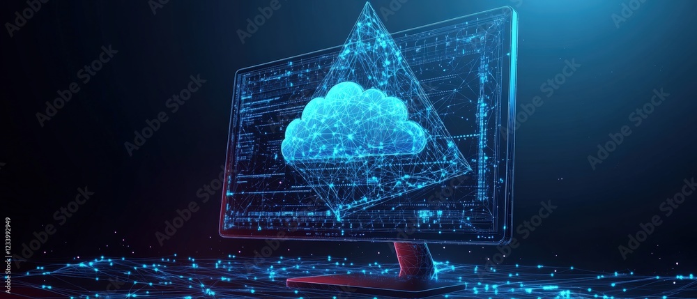 Poster computer screen displaying a cloud symbol illustrating cloud computing and digital technology concep