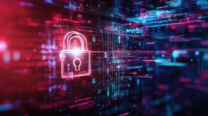 Obraz premium Abstract cybersecurity background with a glowing digital lock, high-tech data flow, and copy space.