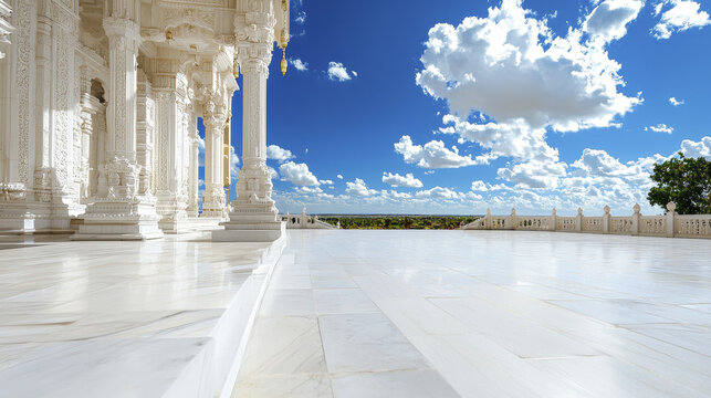 stunning view of minimalist architectural design featuring intricate white marble structures under bright blue sky with fluffy clouds - Powered by Adobe