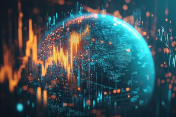 Fototapeta premium A digital globe surrounded by vibrant data visualizations, representing global connectivity and analytics in a tech-oriented environment.