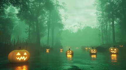 Halloween misty swamp background with glowing jack-o'-lanterns floating on the water, eerie green mist, and a mysterious dark atmosphere. Copy space.