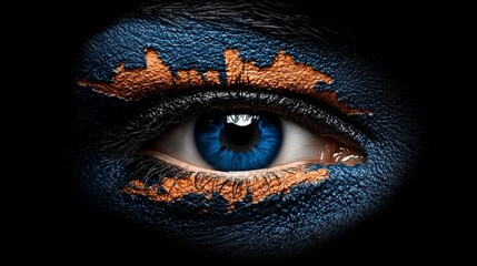 Aruba's Eye: A close-up of a piercing blue eye with the flag of Aruba painted on the eyelid. The image is shot in a dramatic, dark setting, creating a sense of mystery and intrigue.  