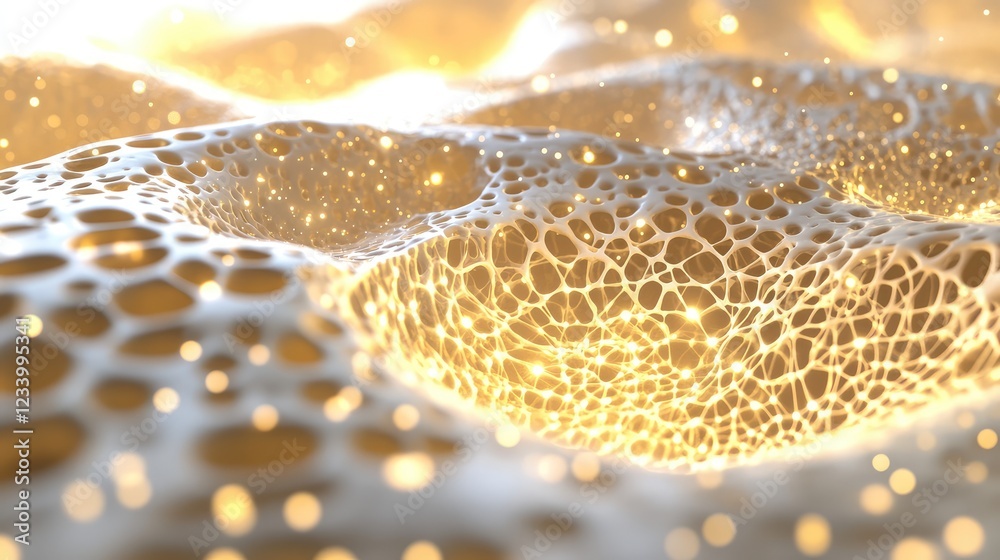Poster macro view of nanotechnology structures, with a background of molecular networks and glowing particl