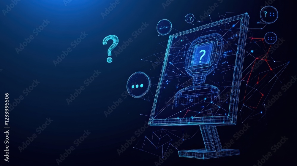 Poster computer screen displaying a large question mark symbol on a plain background for inquiries and unce