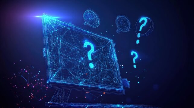 Computer screen displaying a glowing blue background with abstract patterns and digital elements