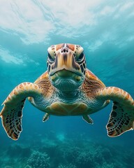 Obraz premium Diver Swimming Alongside a Majestic Sea Turtle Underwater Scene